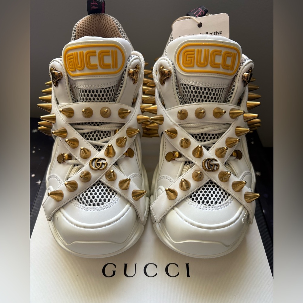 Gucci White and Gold Spiked Sneakers